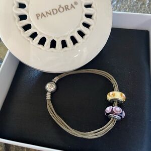 Pandora Multi-strand String Bracelet with two Murano Charms Sterling
